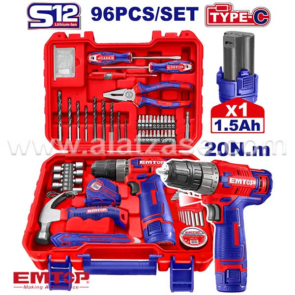 EMTOP EEDK09601 12V Аку. дупчалка-одвртувач во сет од 96 Алатки