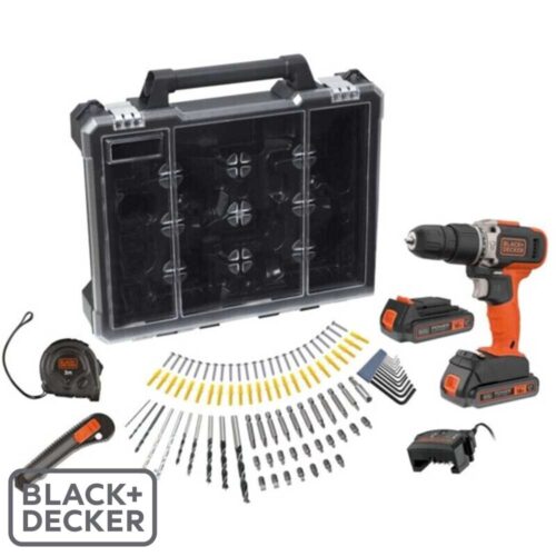 Black+Decker BCD003D2AMB 18V Аку. Ударна Дупчалка: 2x2.0Ah + Сет од 100 Додатоци